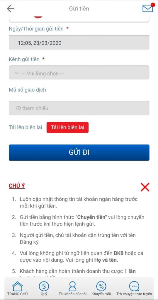 Giao diện gửi tiền vào tài khoản BK8